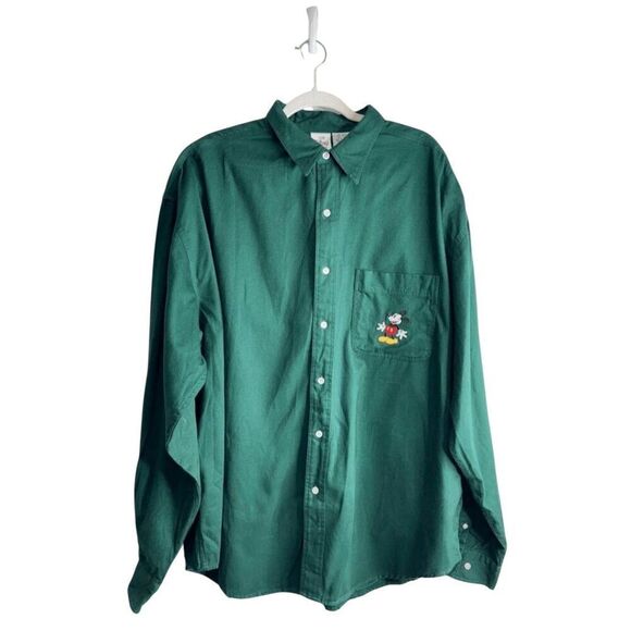 Disney Shirt Size XXL Green Long Sleeve Button Front Embroidered Mickey Mouse‎ - Picture 1 of 9